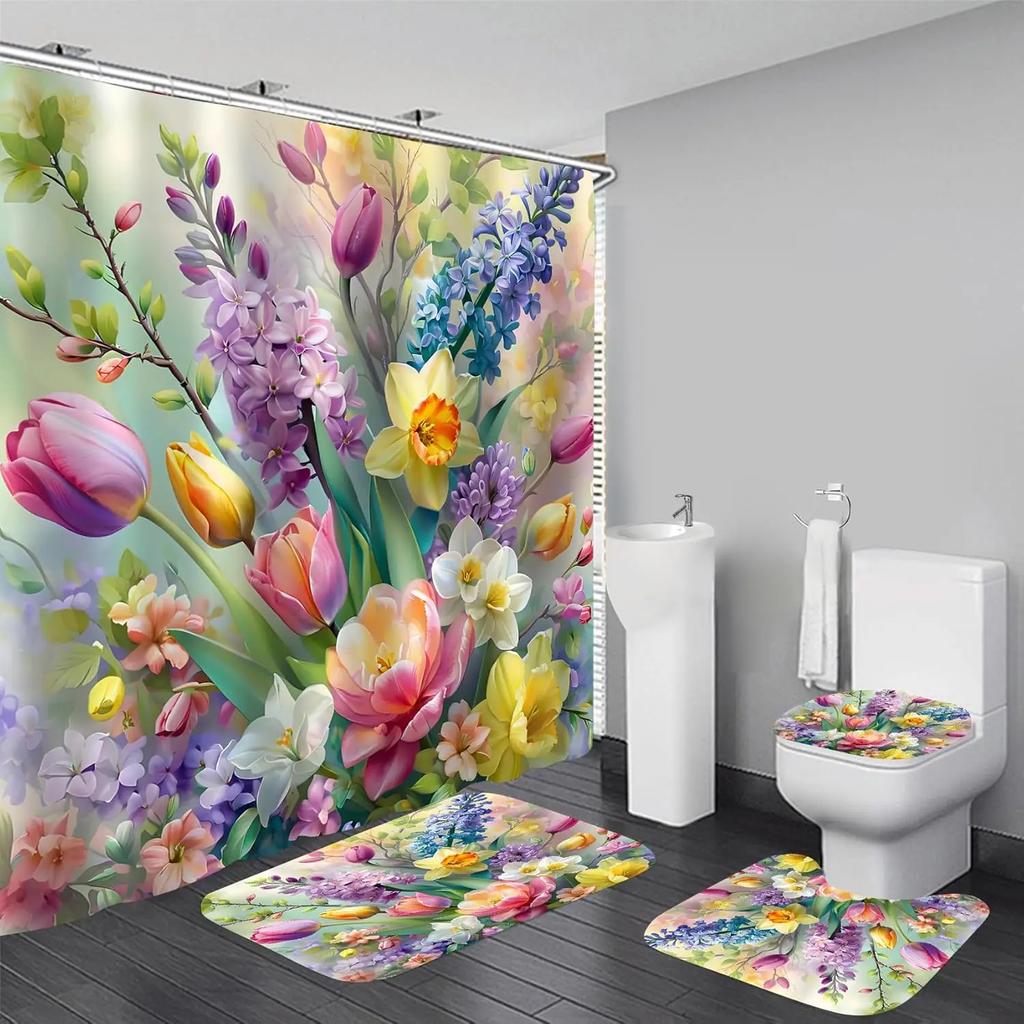 4Pcs Shower Curtain Sets,Colorful Flower Bathroom Curtains Shower Set, Bathroom Decor Sets,Shower Curtain for Bathroom with Rugs