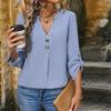 Women V Neck Long Sleeve Blouse Button Shirt Solid Color Pullover Top for Spring Autumn