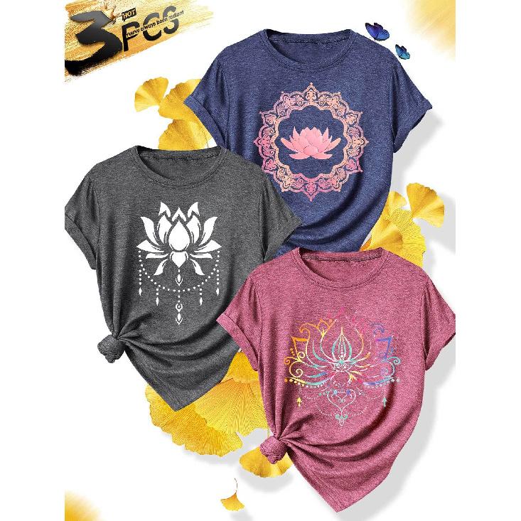 3Elegant style plus-size short-sleeved dress for sister gatherings and parties T Shirt Rainbow gradient lotus print plus-size women's casual sporty