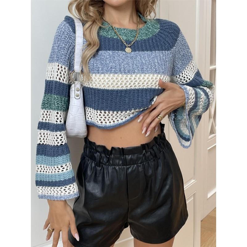 Womens Knit Top Sexy Casual Pullover Street Style Round Neck Long Sleeve