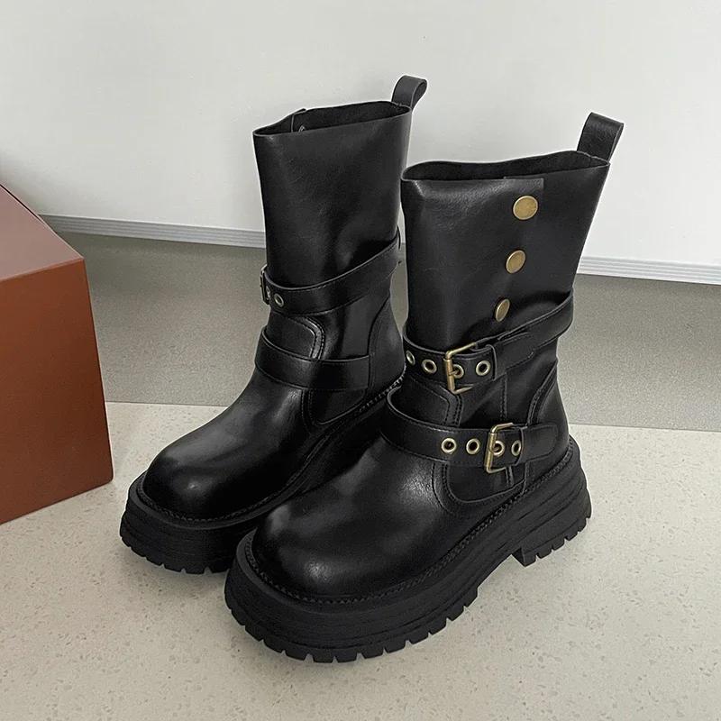 Зимние ботфорты на платформе для женщин, модные ботильоны с ремешком и пряжкой, винтажные ботильоны на низком квадратном каблуке, женская обувь