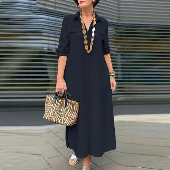 Женское платье с отложным воротником, свободное однотонное однобортное платье трапециевидной формы с длинным рукавом и нагрудным карманом, мягкое дышащее платье до щиколотки, весенне-осеннее платье макси
