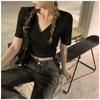 Design-slim V-neck T-shirt for Women Slim Hot Girls Black Strap Short-sleeved Student Top New Summer Style