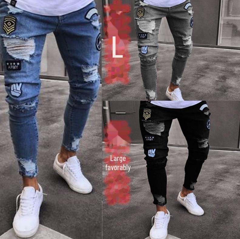 Мужские облегающие джинсовые брюки в европейском и американском стиле с дырками