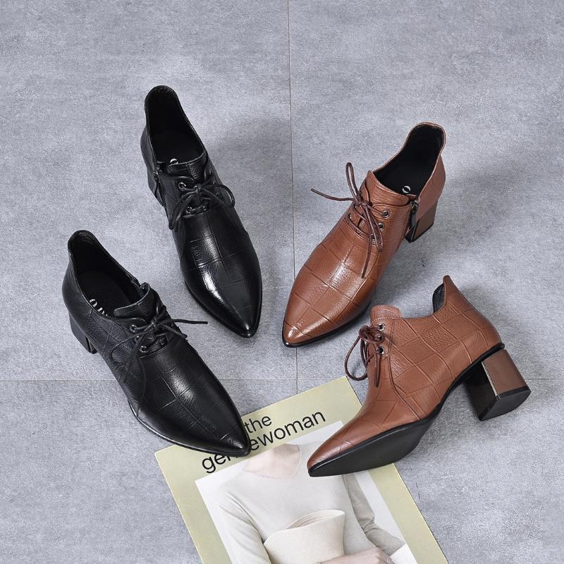 New Women's Mid-heel Lace-up Leather Shoes Genuine Leather Deep-mouth Soft Leather High Heels