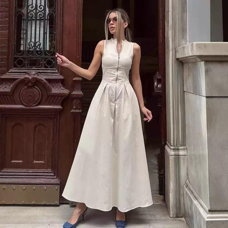 Women's Khaki French Linen A-line Dress: Autumn 2025 Waist-cinching Style