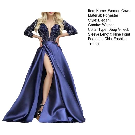 Sexy Deep V-Neck Maxi Dress for Women Sheer Lace Long Sleeve High Split Cocktail Party Dress Formal Evening Gown