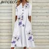 Элегантные женские платья с V-образным вырезом, коротким рукавом, на пуговицах, вечернее платье, женское летнее винтажное платье с принтом, повседневные свободные цветочные женские платья