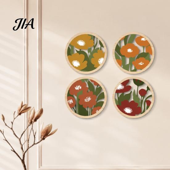 Living Room Ornaments 4Pcs Boho Wooden Round Wall Decor, 2D Floral Hanging Ornaments, Decor Farmhouse Aesthetic Art for Bedroom Bathroom Patio Rustic