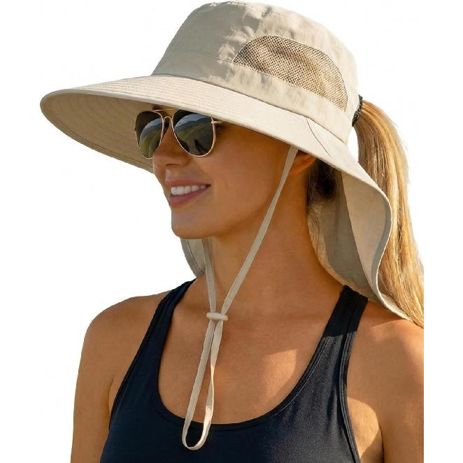 Women Sun Hats UV Protection Wide Brim with Bucket Ponytail Hole | Upf50+,100% nylon,packable adjustable chin strap,breathable mesh&waterproof,ideal