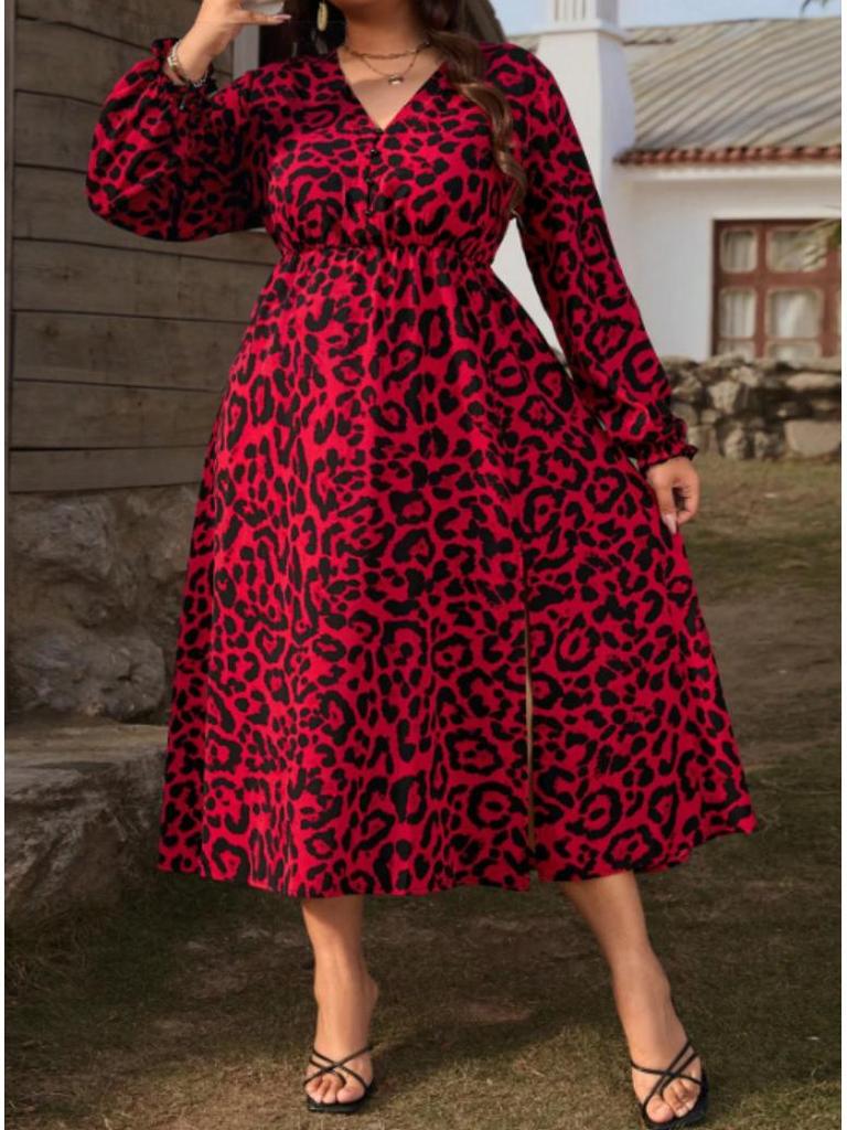 Элегантное платье большого размера с леопардовым принтом и V-образным вырезом для весны и осени