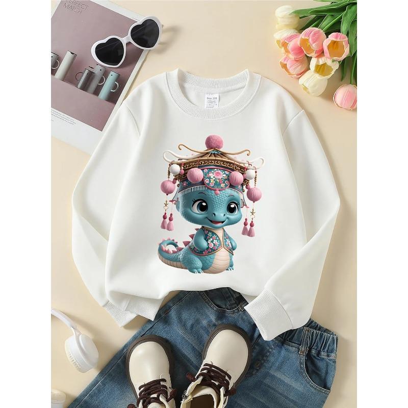 Kids Crewneck Sweatshirt, Pink Floral Embroidery Style Graphic Print, Spring Autumn Casual Sport Tops