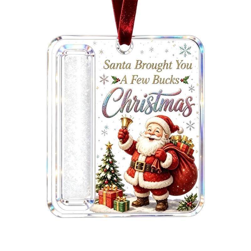 Christmas Cash Gift Ornament in Clear Acrylic with Built-In Money Holder and Hanging Ribbon for Tree Decors Display