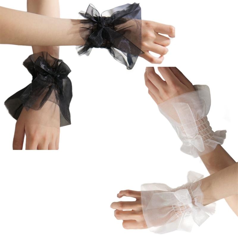 Women Wrist Cuffs Removable Bowknot Ruffled Wedding Supply Bride Dress False Sleeves Tulle Flared Sleeves