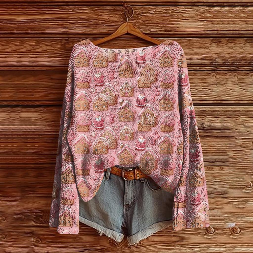 Women's Christmas Print Lightweight Sweater Casual Long Sleeve Knitted Pullover