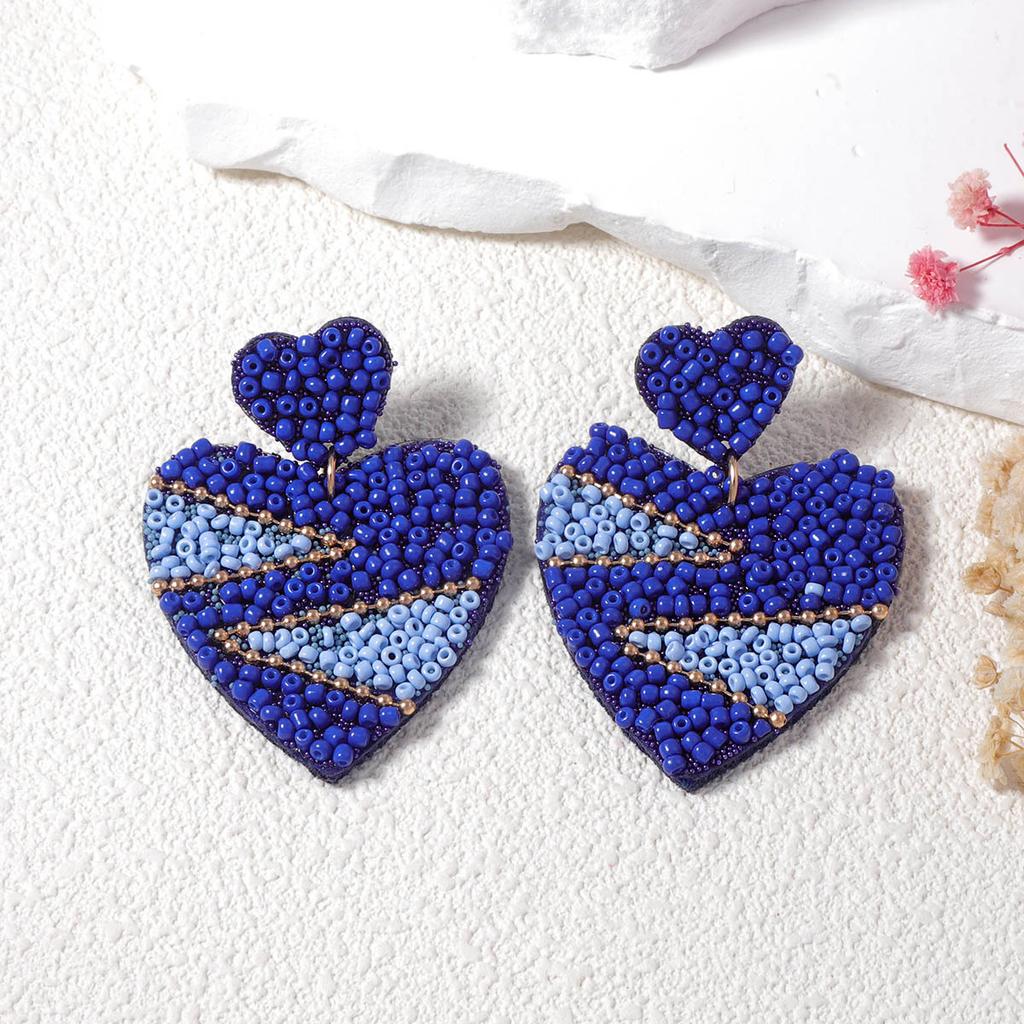 Metal Rice Beads Heart Geometric Dangle Earrings Women's New Trend Elegant Design Zircon Valentine's Day Accessories