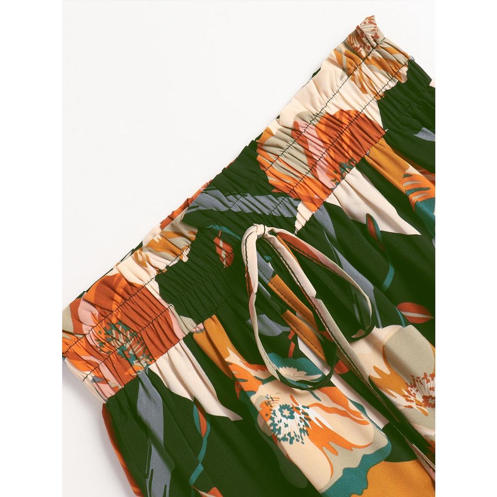 A-line Skirt, Pleated Skirt, Floral Print, Elastic Waist, Midi Skirt
