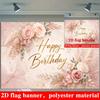 Pink Happy Birthday Banner Backdrop Marble Roses Pampas Greenery Polyester