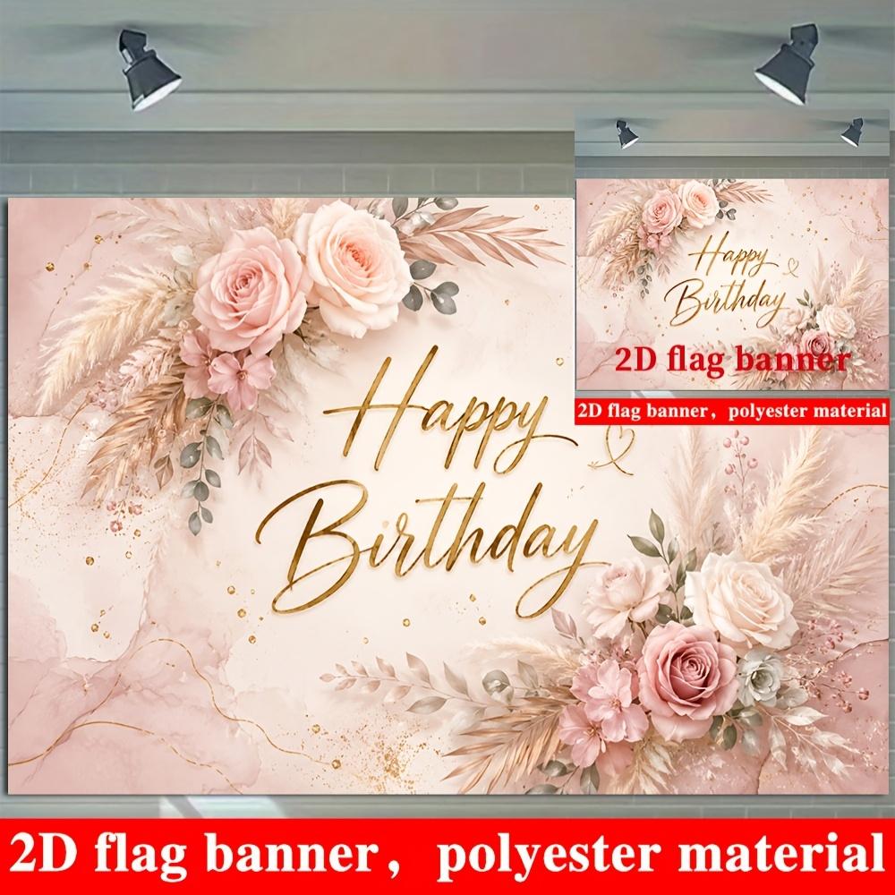 Pink Happy Birthday Banner Backdrop Marble Roses Pampas Greenery Polyester