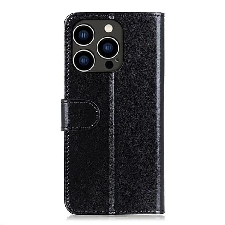 For iPhone 16 Pro Max Wallet Case Crazy Horse Texture Leather Phone Cover - Black