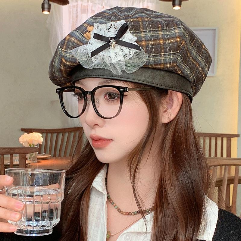 Осенний ретро берет в клетку с бантом в виде медведя, восьмиугольная шляпа, подчеркивающая лицо, шляпа маленького художника, женская