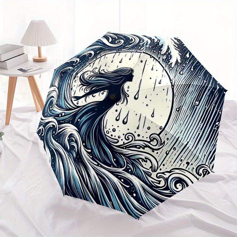 1pc Ocean Waves Auto Open/Close Umbrella, Portable Folding Umbrella for Travel, Themed Events,