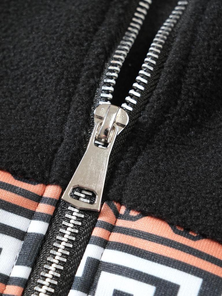 Мужская осенне-зимняя флисовая толстовка с полумолнией, воротником-стойкой, цветовыми блоками и жаккардовым узором