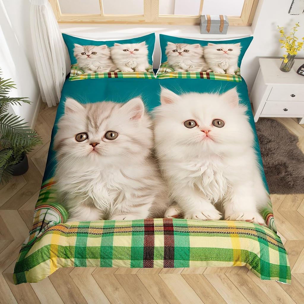 Kawaii Cat Duvet Cover Pink Bowknot Kitten Bedding Set Sweet Pet Animal Comforter Cover Princess Bow Girly Polyester Quilt Cover