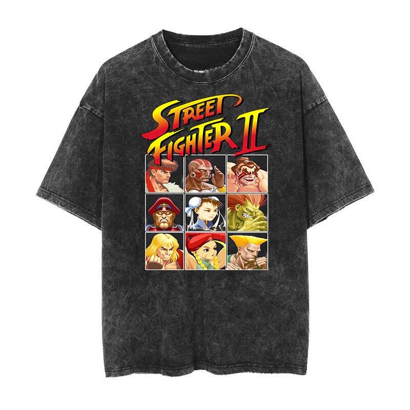 2026 Summer Street Fighter Japanese-style Vintage Washed Retro Batik Arcade Print Number Short-sleeved T-shirt