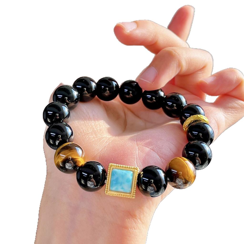 Ветер 12 мм Крупнозернистый Натуральный Камень Тигровый Глаз Черный Агат Премиальный Браслет Браслет