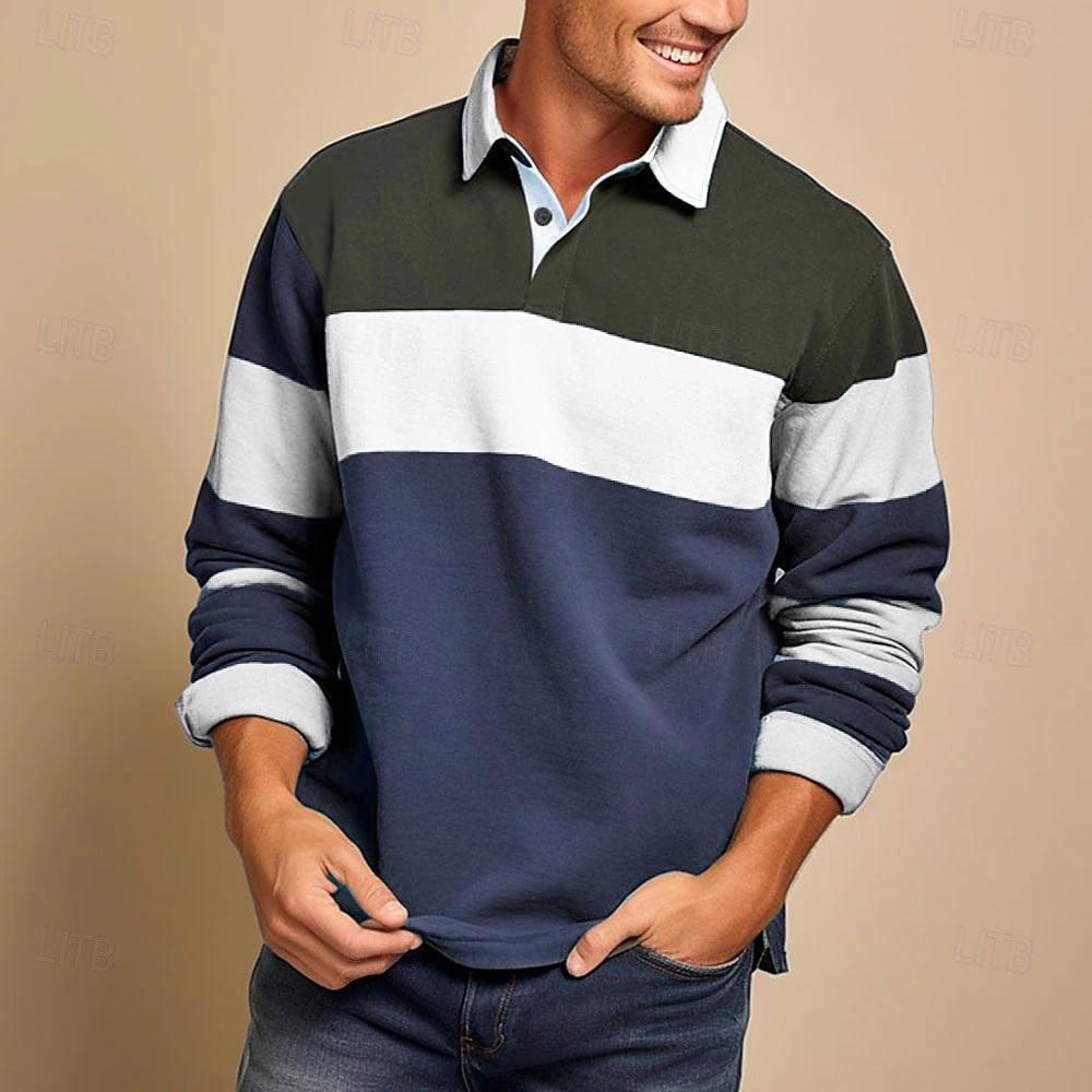 Мужской повседневный свободный топ с цветным блочным принтом, лацканами и длинными рукавами на пуговицах