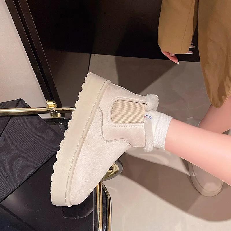 Распродажа женской обуви 2024 года, зимние женские ботинки без застежек, круглый носок, сплошной флок плюс бархат, теплые водонепроницаемые ботинки для снега на платформе