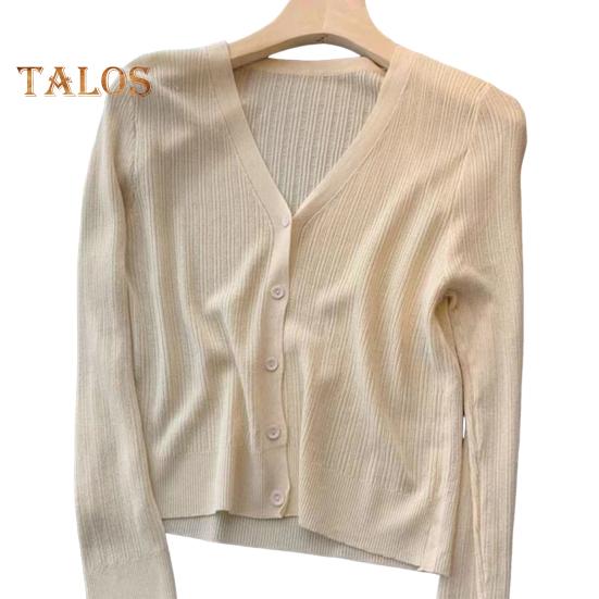 Sun Knit Cardigan for Women Long Sleeve V-Neck Button Up Thin Ice Silk Coat Summer Ribbed Cropped Top for Outdoor Travel Work Beach