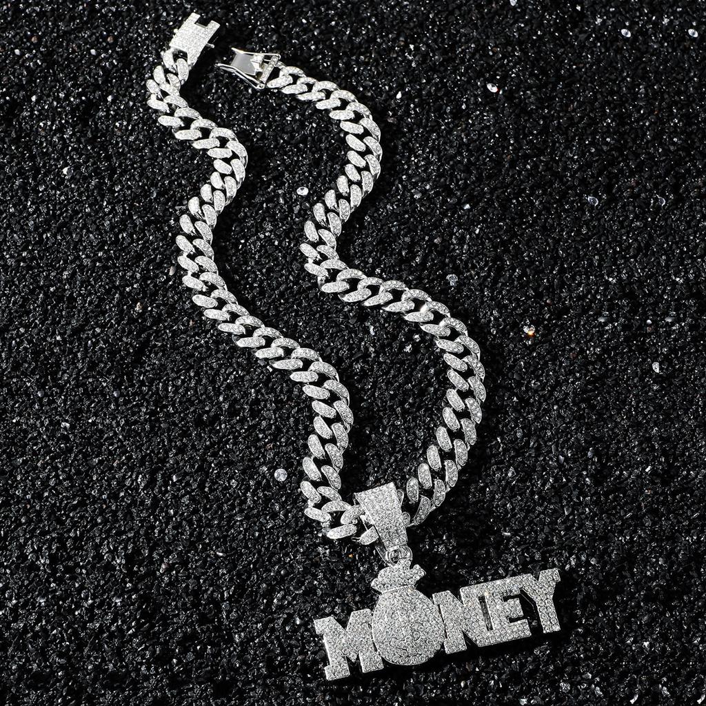 Full Diamond English MONEY Cuban Chain, Chain Hip Hop Style Personality Pendant Necklace