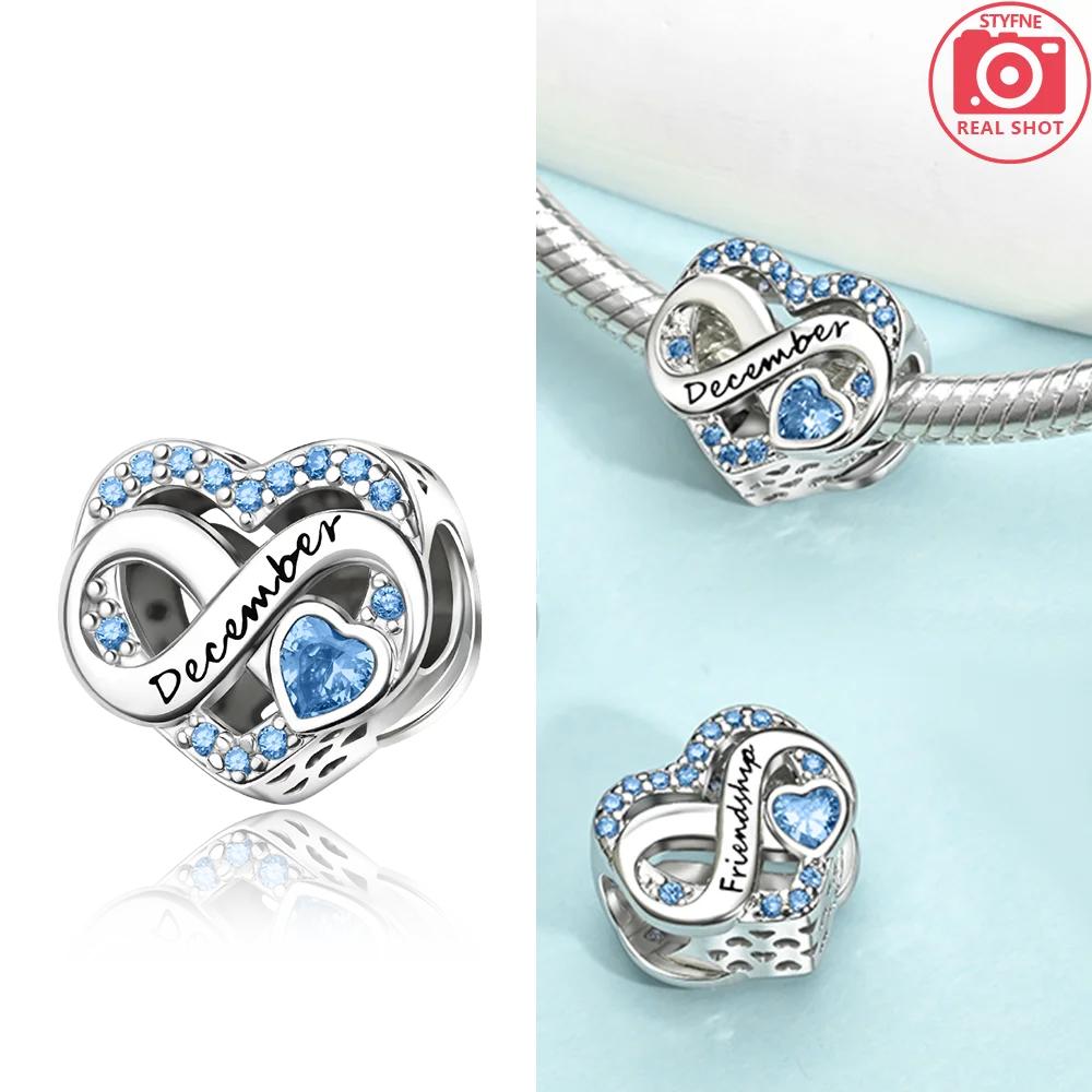 Exquisite Love Heart Blue Zircon December Infinity Birthstone Original Beads Fit Bracelet Copper Women Diy Gift Accessory