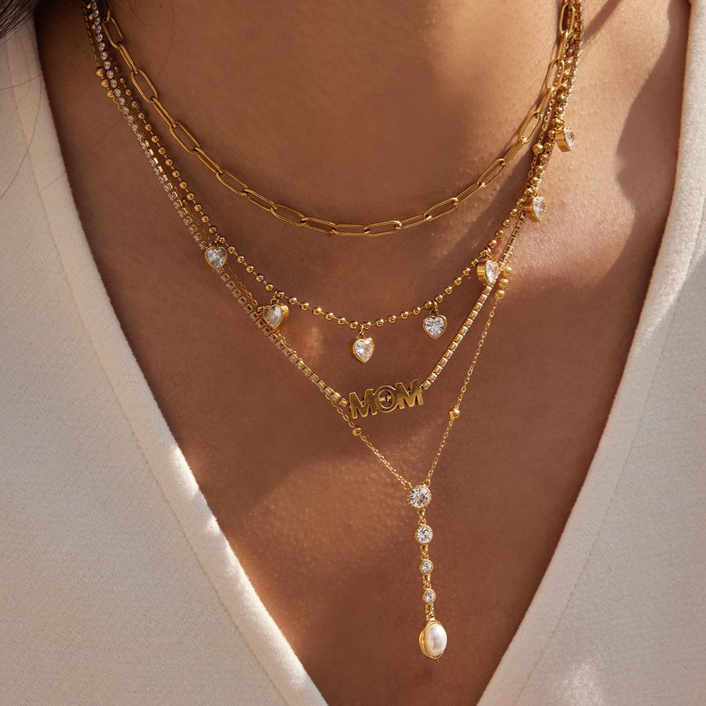 Fashion Trendy Gold Plated Stainless Steel Zircon Letter Link Chain Pendant Necklace for Women Party Occasion