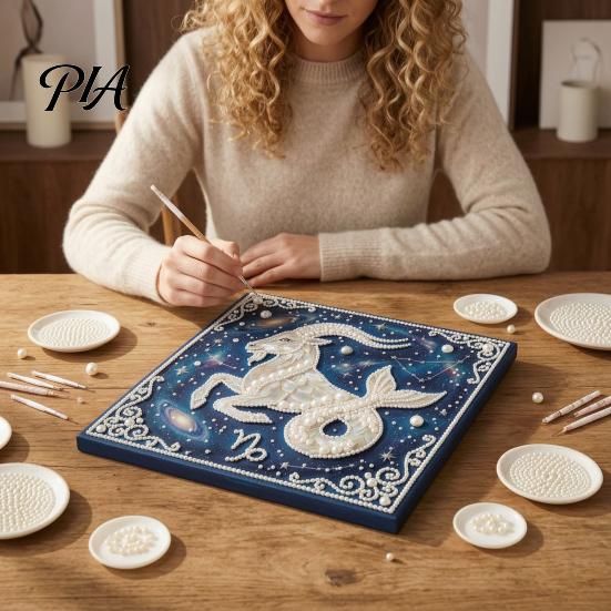Beginners Faux Pearl Painting Kit DIY Kit, 12 Constellation Rhinestone Art Set for with Wooden Frame Adults Beginners, Handmade Fake Wall Decoration