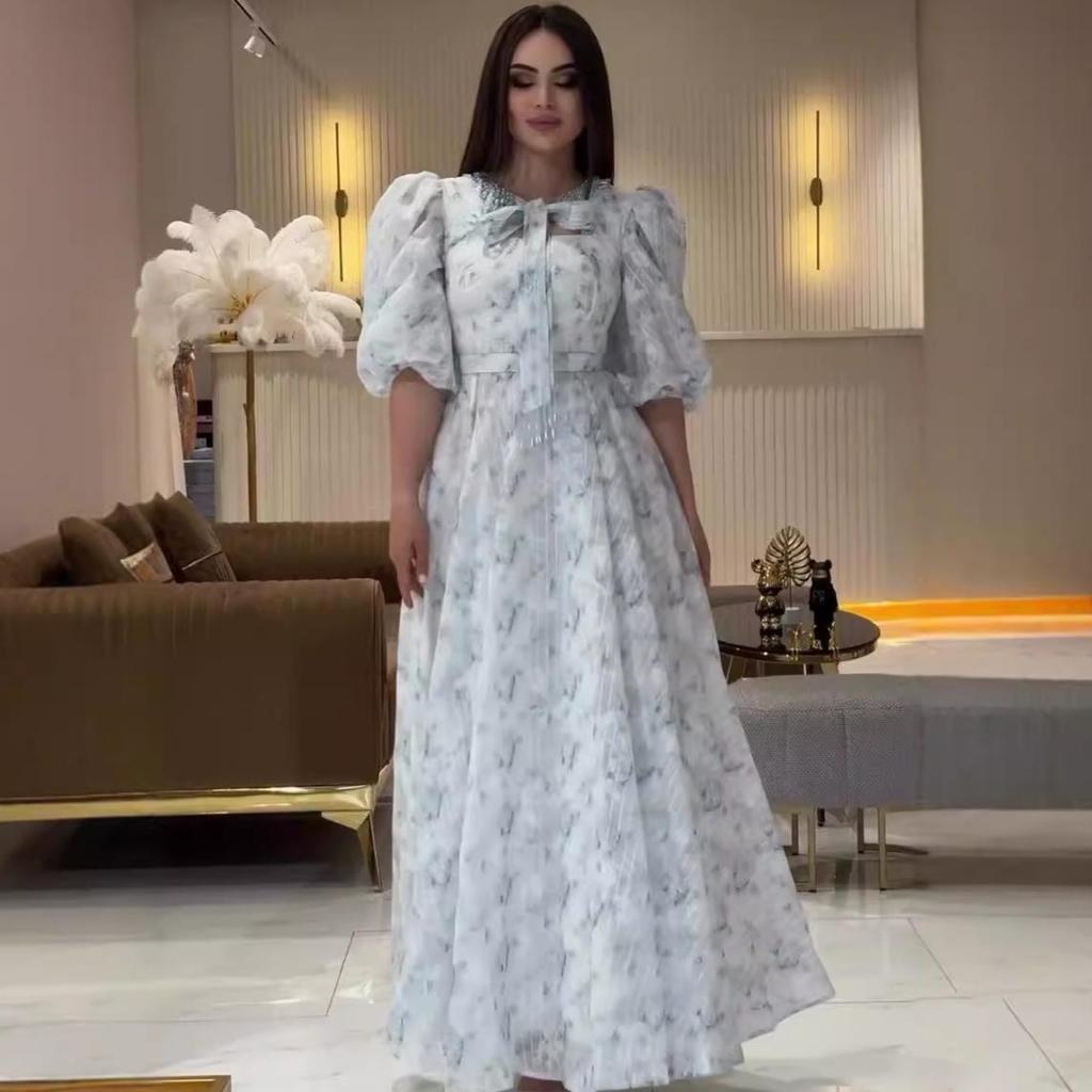 Летнее женское милое французское длинное платье с пышными рукавами и сборкой на талии для чаепития