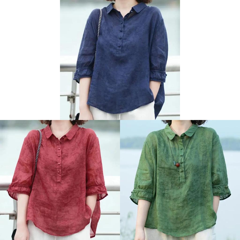 Vintage Floral Print Polo Neck Shirt For Women Summer Casual Loose Fit Blouse