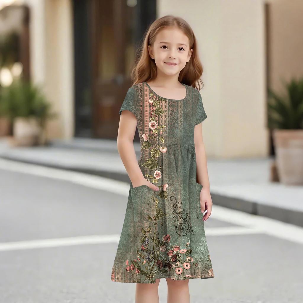 Children's Skirt Round Neck Short Sleeve Princess Dress Fashion Casual Pocket Dress For Girls