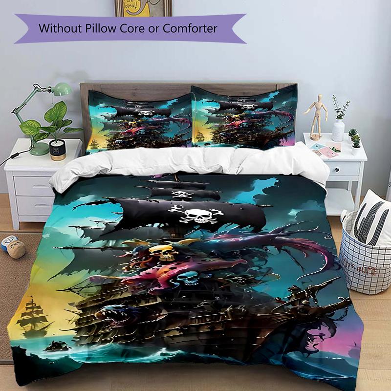 3pcs Pirate Ship Bedding Set - Includes One Quilt Cover and Two Pillowcases (No Core) - Home Decor, Festival Gift, Polyester Fabric, Anime Cartoon Des