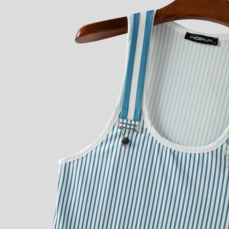 INCERUN Мужские топы-майки без рукавов на бретелях с принтом в полоску, повседневные, приталенные