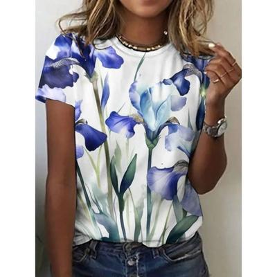 Милая женская футболка с 3D-цветочным принтом, короткий рукав, топ с 3D-принтом, О-образный воротник, повседневная летняя женская одежда