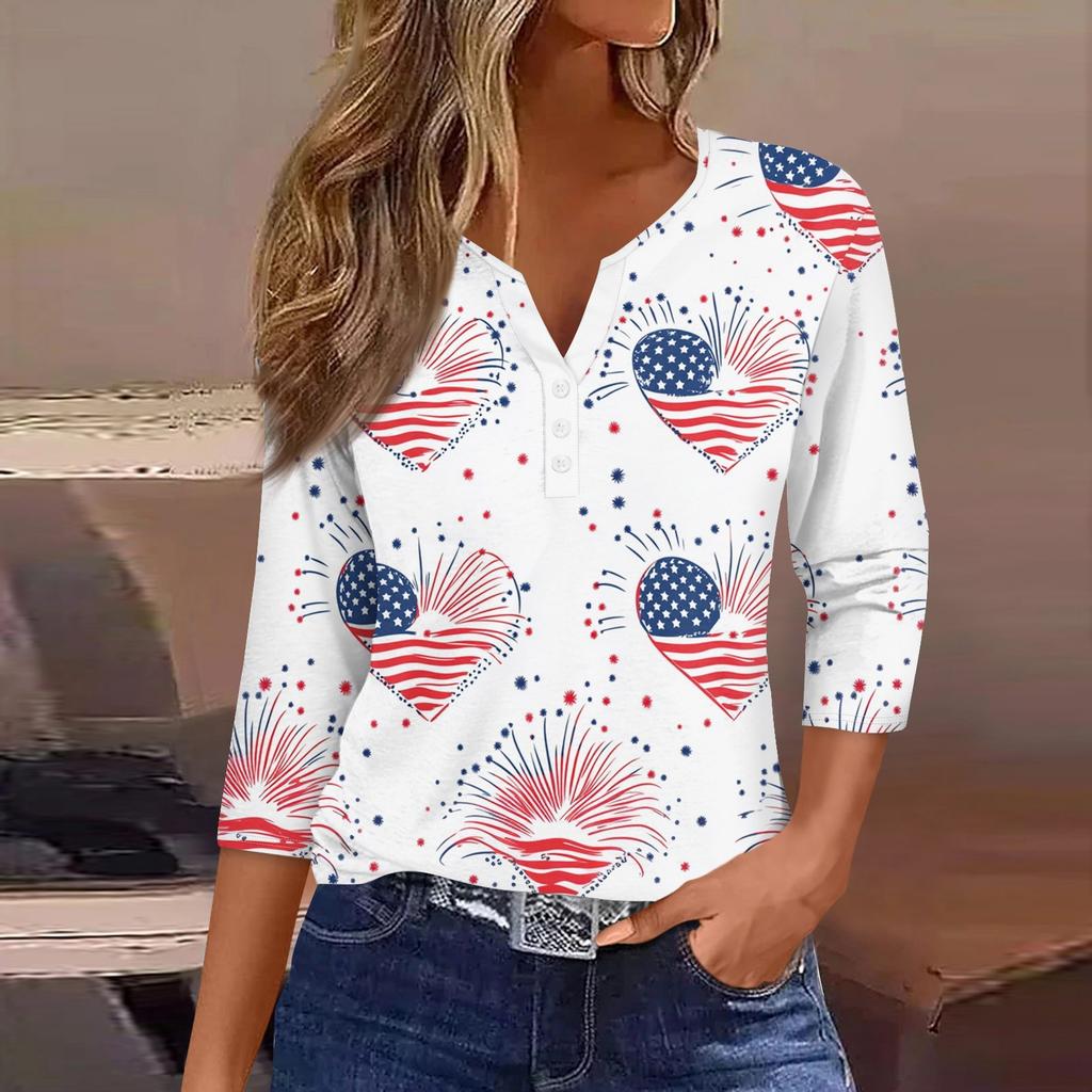 Women's T Shirt Print Button 3/4 Sleeve Daily Weekend Fashion Basic V- Neck Regular Top