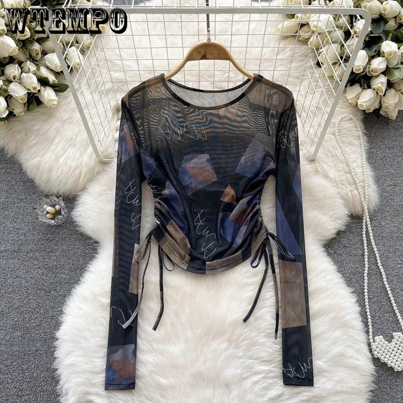 WTEMPO Шикарные сетчатые футболки с принтом Tie Dye, женские повязки на шнурке, винтажные облегающие топы Y2K, футболки с длинными рукавами, уличная одежда