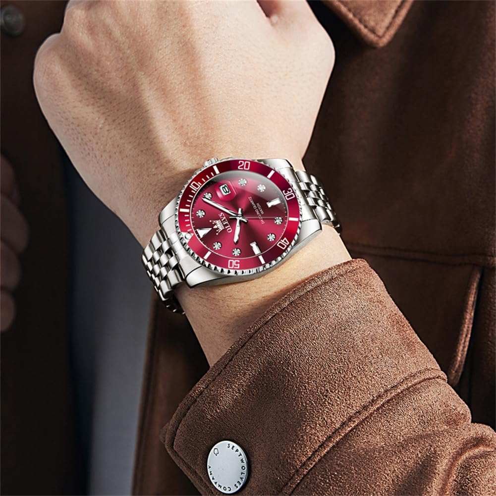 Men's Red Popular Waterproof Silver Olevs Watch Business Analog Quartz Watch Men's Stylish Stainless Steel Men's Watch Date Simple Large Dial
