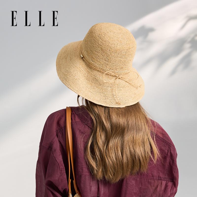 ELLE [Elegant temperament] crocheted straw hat for women, fashionable and versatile for outdoor use. Summer face enhancing, small shade fisherman hat