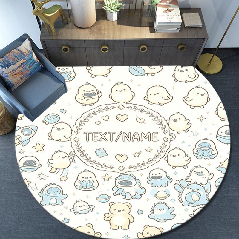 Custom Name,Monochrome Doodle Animal pattern round rug,Carpet Rug for Living Room Bedroom Playroom ,Non-slip Floor Mat,Holiday Gifts and Birthday Gift