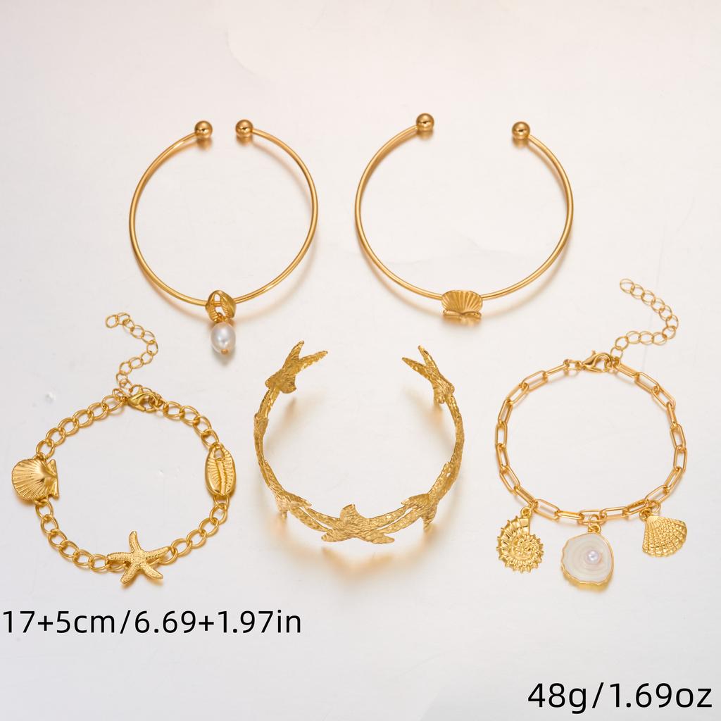 Bohemian Exaggerated Starfish Bracelets Set for Women Gold Color Conch Shell Scallop Pendant Bracelets Summer Ocean Jewelry
