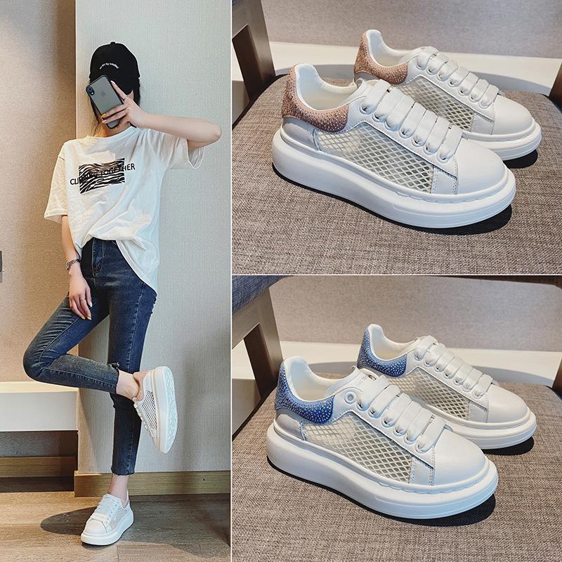 Women's genuine leather shoes 2026 new single shoes mesh breathable rhinestone versatile sports and leisure board shoes pastel